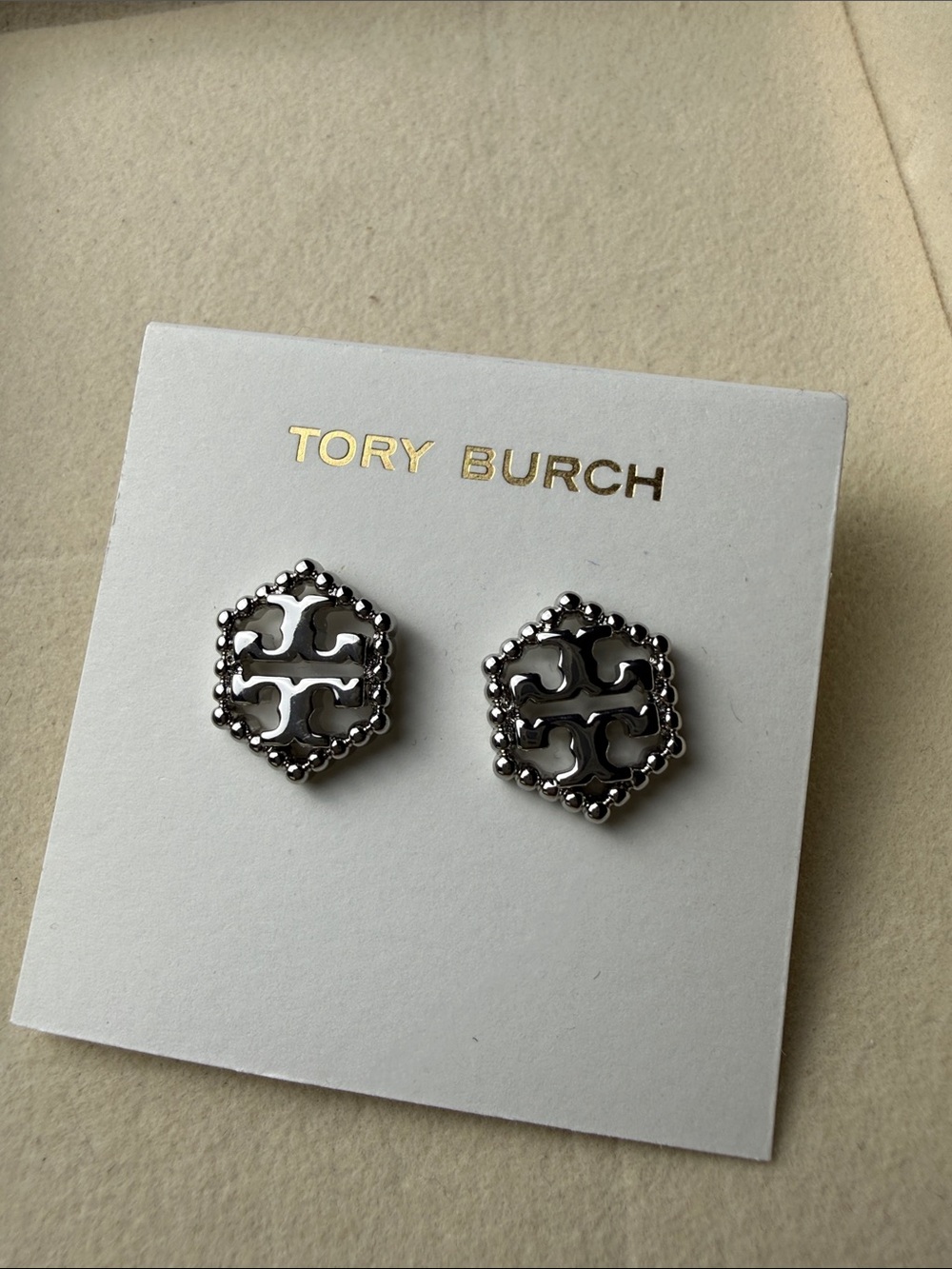 Tory Burch Silver Tone Hexagon Logo Stud Earrings - Picture 2 of 5